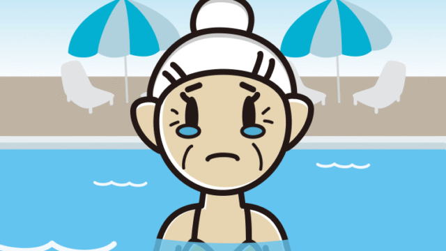 プールに入って泣くおばあさんのイラスト【色、背景あり】PNG