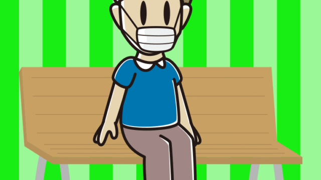 ベンチでマスクをする男性のイラスト【色、背景あり】PNG
