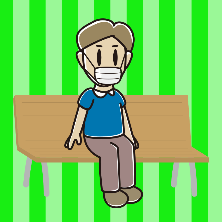 ベンチでマスクをする男性のイラスト【色、背景あり】PNG