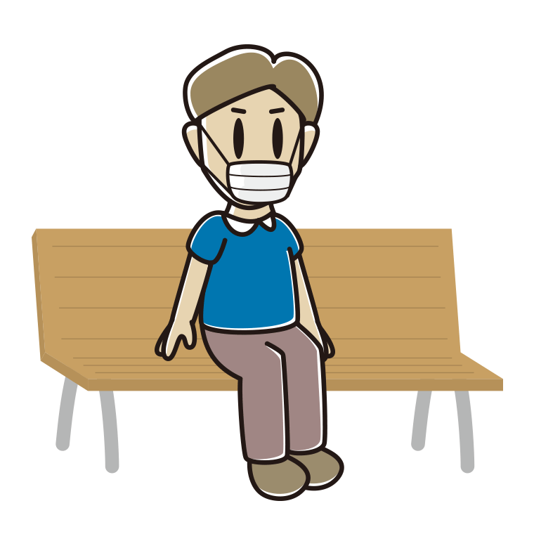 ベンチでマスクをする男性のイラスト【色あり、背景なし】透過PNG