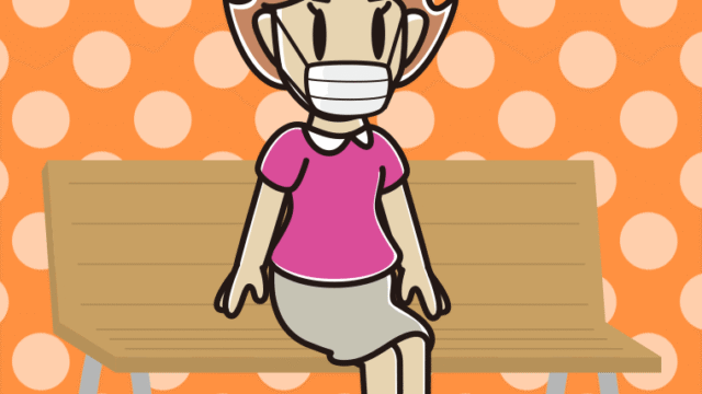 ベンチでマスクをする女性のイラスト【色、背景あり】PNG