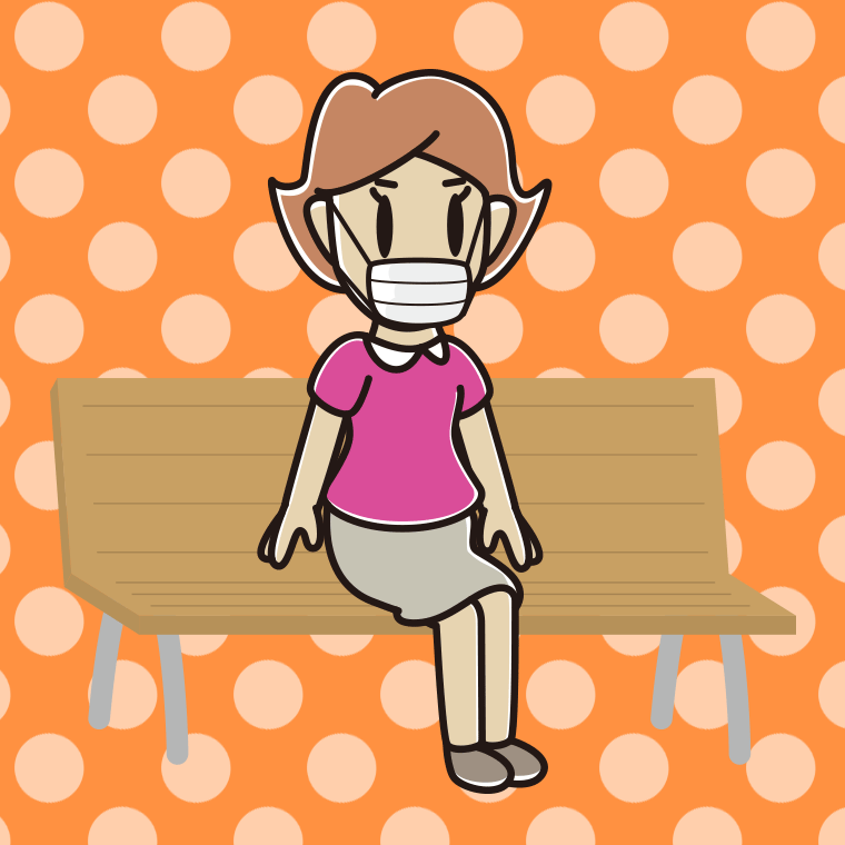 ベンチでマスクをする女性のイラスト【色、背景あり】PNG