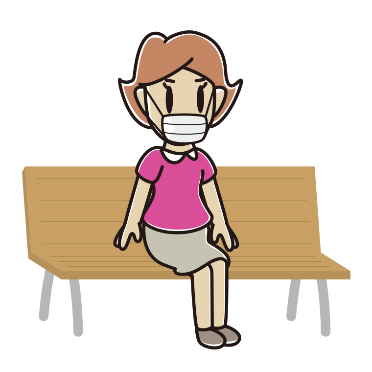 ベンチでマスクをする女性のイラスト【色あり、背景なし】透過PNG