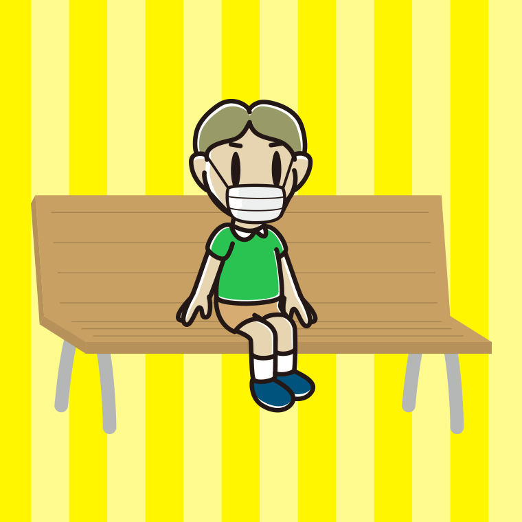 ベンチでマスクをする小学生男子のイラスト【色、背景あり】PNG