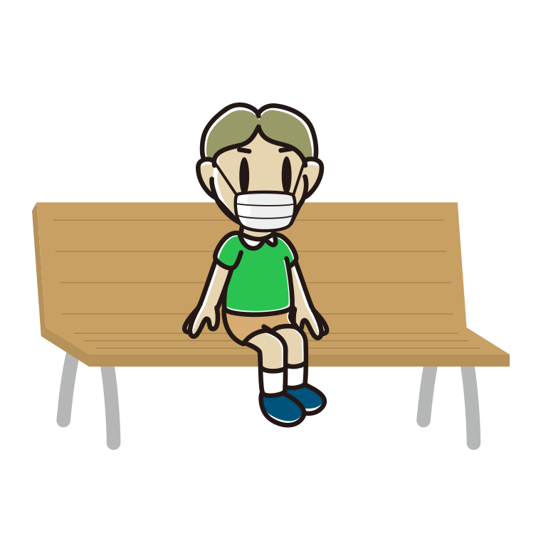 ベンチでマスクをする小学生男子のイラスト【色あり、背景なし】透過PNG