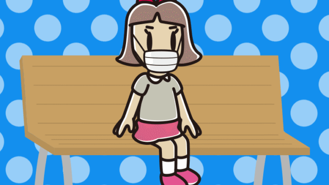 ベンチでマスクをする小学生女子のイラスト【色、背景あり】PNG