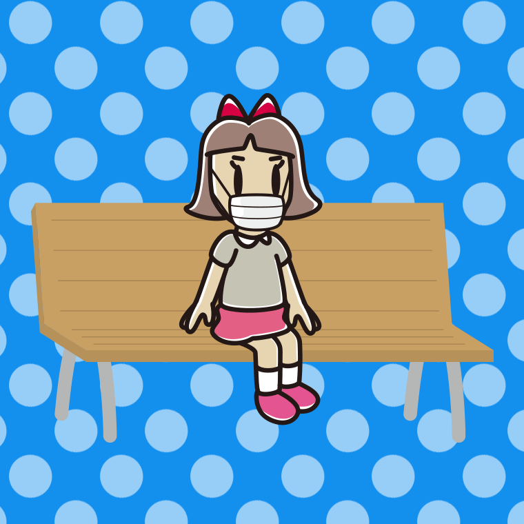 ベンチでマスクをする小学生女子のイラスト【色、背景あり】PNG
