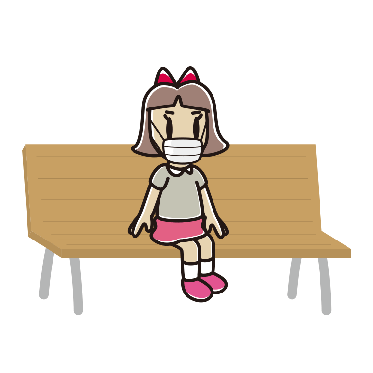 ベンチでマスクをする小学生女子のイラスト【色あり、背景なし】透過PNG