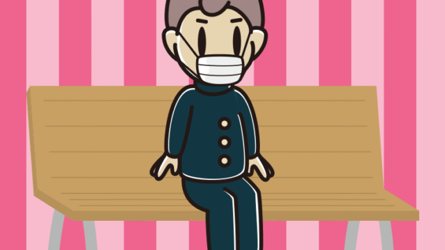 ベンチでマスクをする男子中学生のイラスト【色、背景あり】PNG