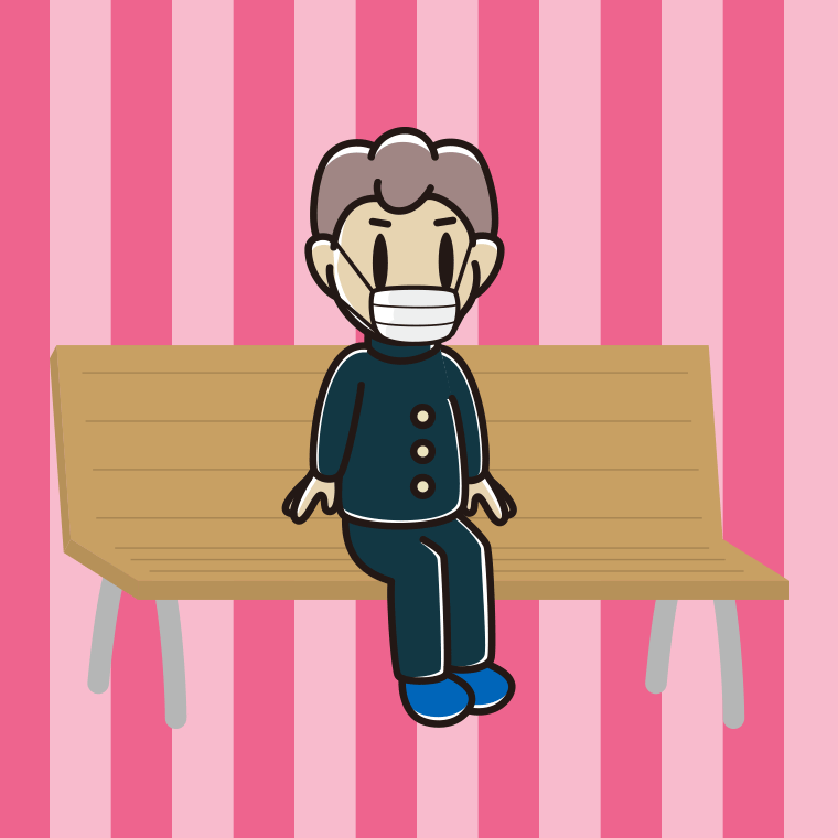 ベンチでマスクをする男子中学生のイラスト【色、背景あり】PNG