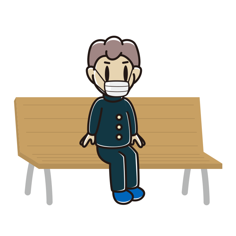 ベンチでマスクをする男子中学生のイラスト【色あり、背景なし】透過PNG