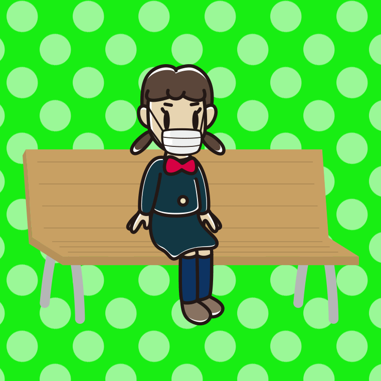 ベンチでマスクをする女子中学生のイラスト【色、背景あり】PNG