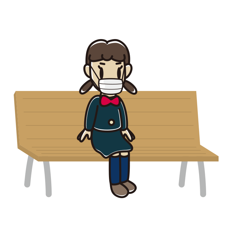 ベンチでマスクをする女子中学生のイラスト【色あり、背景なし】透過PNG