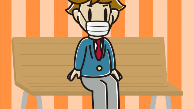 ベンチでマスクをする男子高校生のイラスト【色、背景あり】PNG