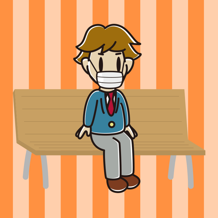 ベンチでマスクをする男子高校生のイラスト【色、背景あり】PNG