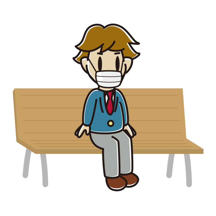 ベンチでマスクをする男子高校生のイラスト【色あり、背景なし】透過PNG
