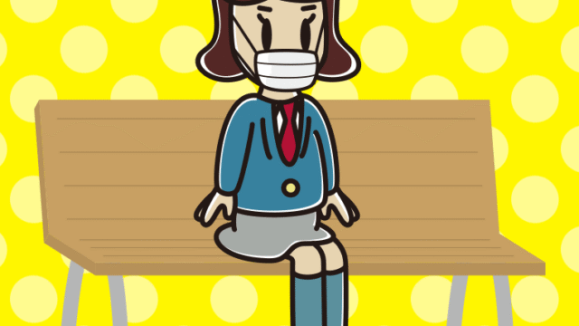 ベンチでマスクをする女子高校生のイラスト【色、背景あり】PNG