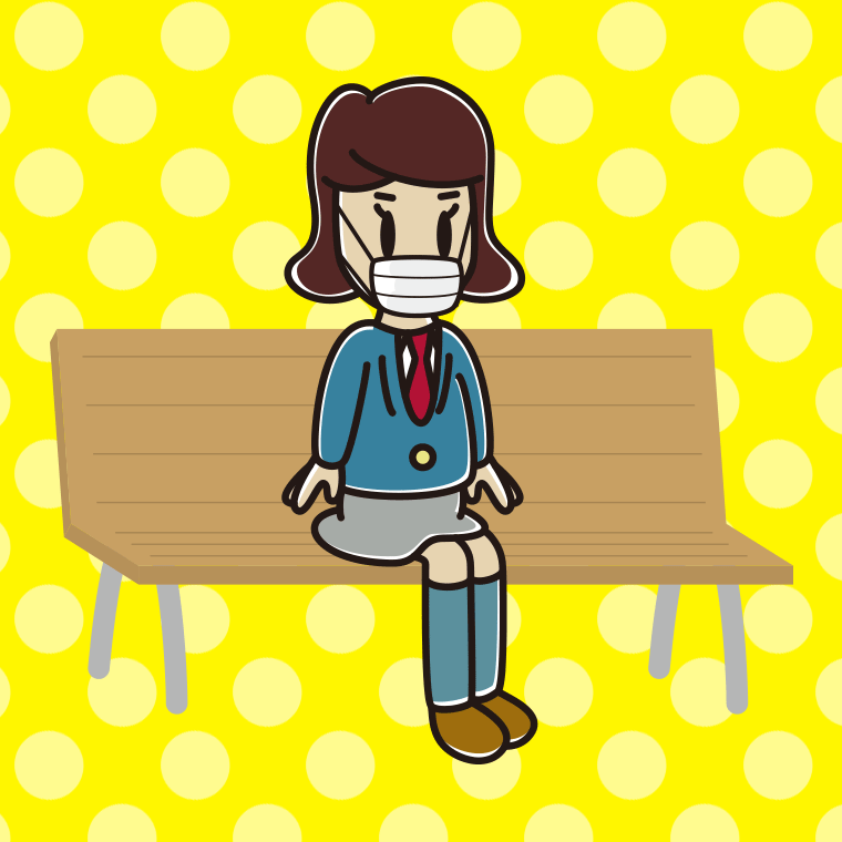 ベンチでマスクをする女子高校生のイラスト【色、背景あり】PNG