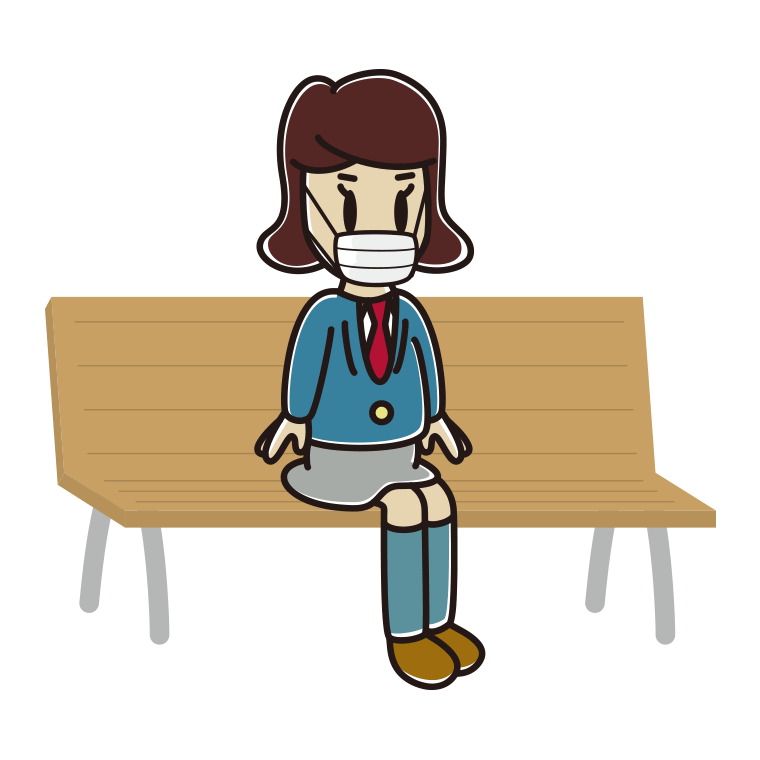 ベンチでマスクをする女子高校生のイラスト【色あり、背景なし】透過PNG