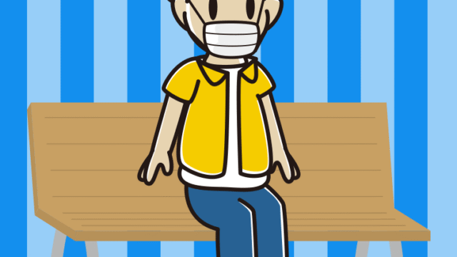 ベンチでマスクをする男子大学生のイラスト【色、背景あり】PNG