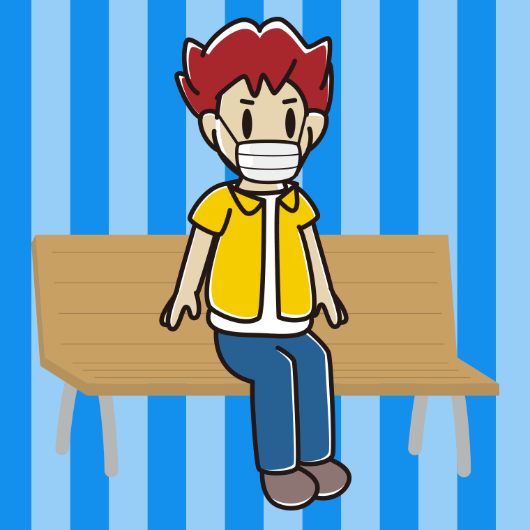 ベンチでマスクをする男子大学生のイラスト【色、背景あり】PNG