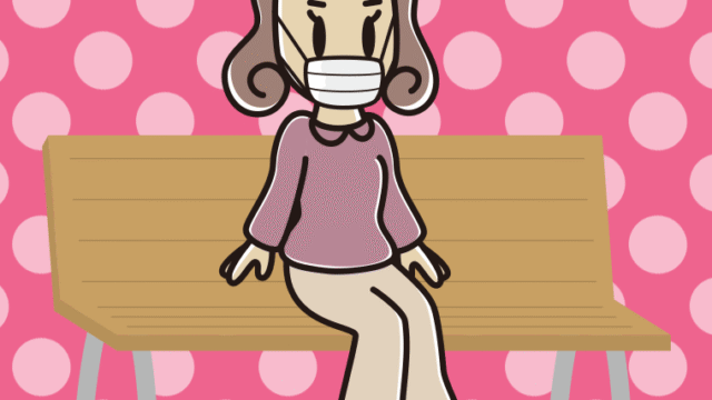 ベンチでマスクをする女子大学生のイラスト【色、背景あり】PNG