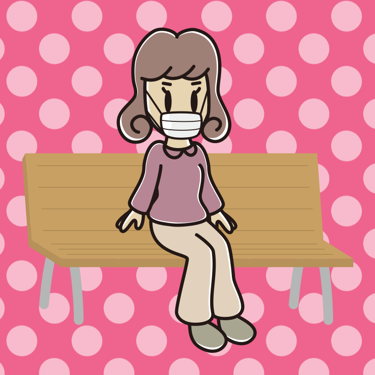 ベンチでマスクをする女子大学生のイラスト【色、背景あり】PNG