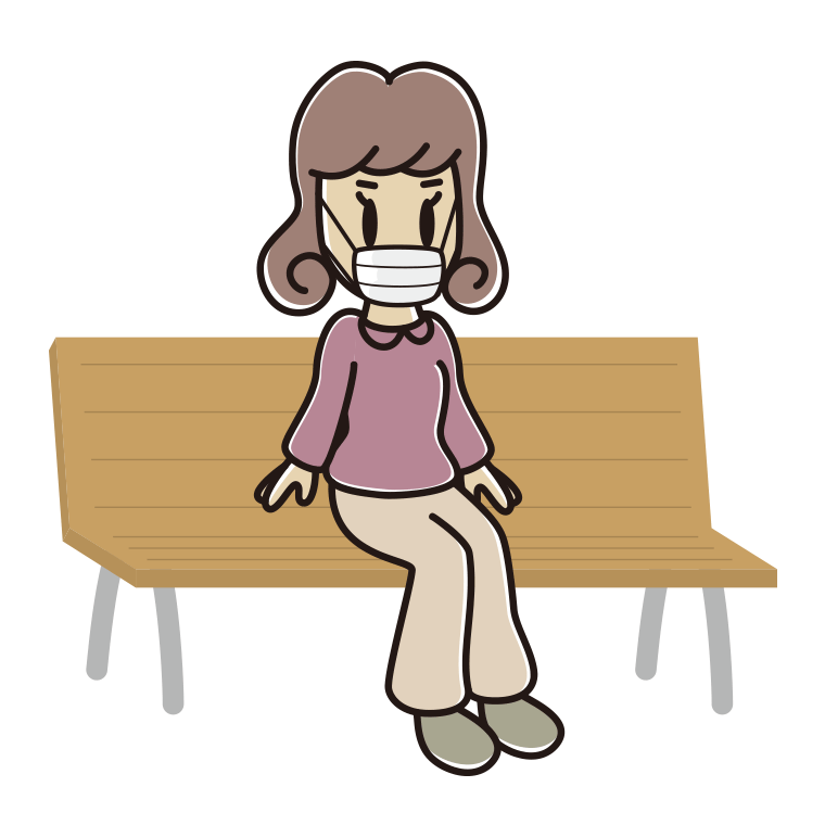 ベンチでマスクをする女子大学生のイラスト【色あり、背景なし】透過PNG