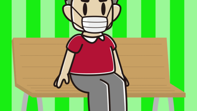 ベンチでマスクをするおじさんのイラスト【色、背景あり】PNG