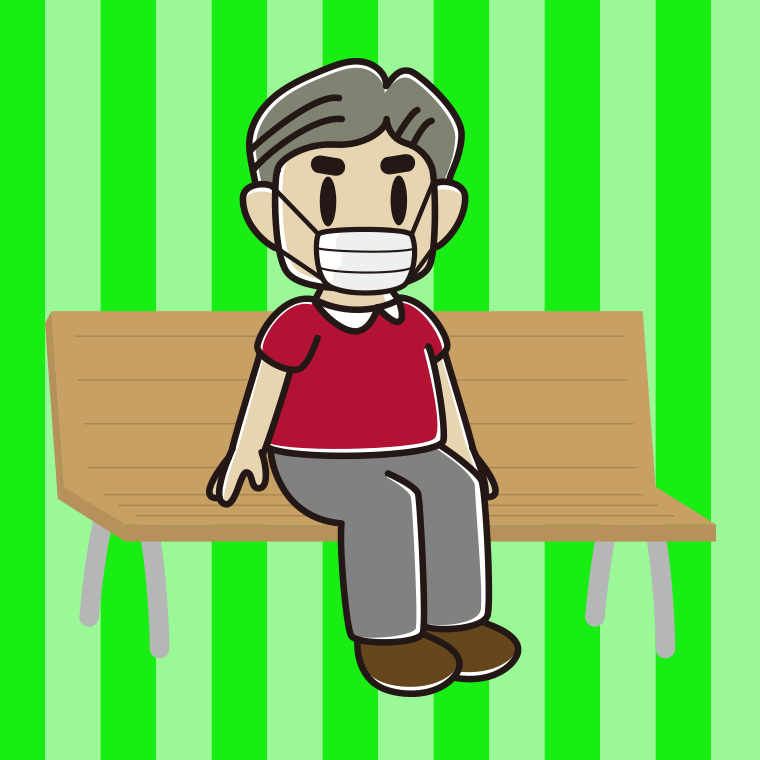 ベンチでマスクをするおじさんのイラスト【色、背景あり】PNG