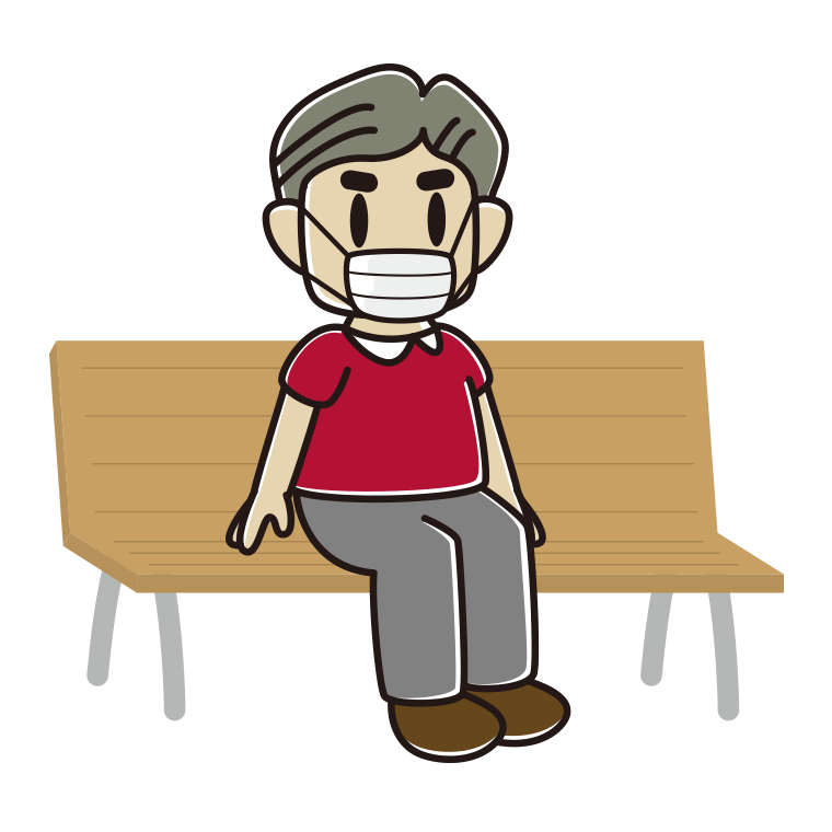 ベンチでマスクをするおじさんのイラスト【色あり、背景なし】透過PNG