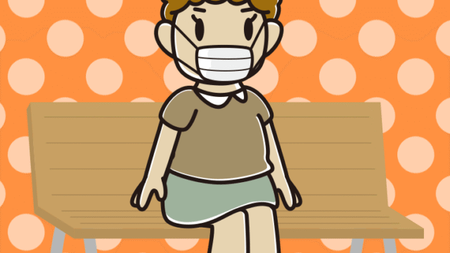 ベンチでマスクをするおばさんのイラスト【色、背景あり】PNG