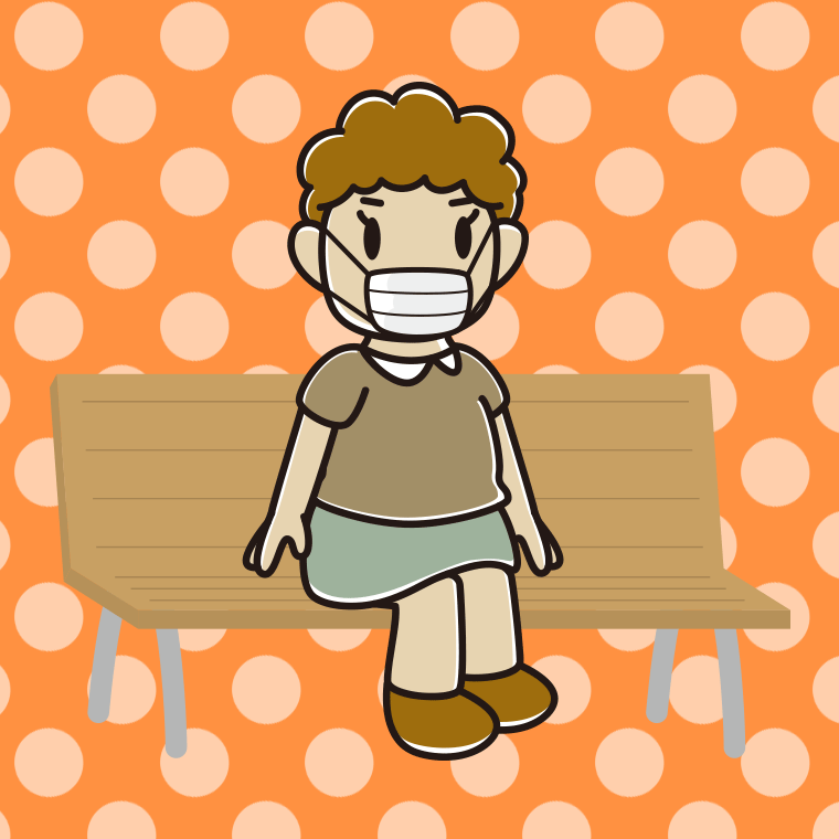 ベンチでマスクをするおばさんのイラスト【色、背景あり】PNG