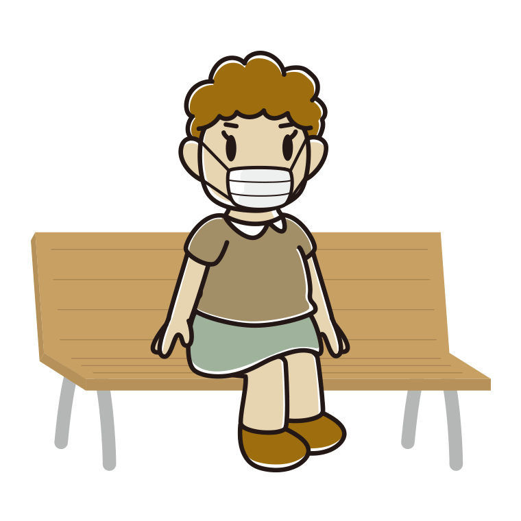 ベンチでマスクをするおばさんのイラスト【色あり、背景なし】透過PNG
