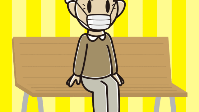 ベンチでマスクをするおじいさんのイラスト【色、背景あり】PNG