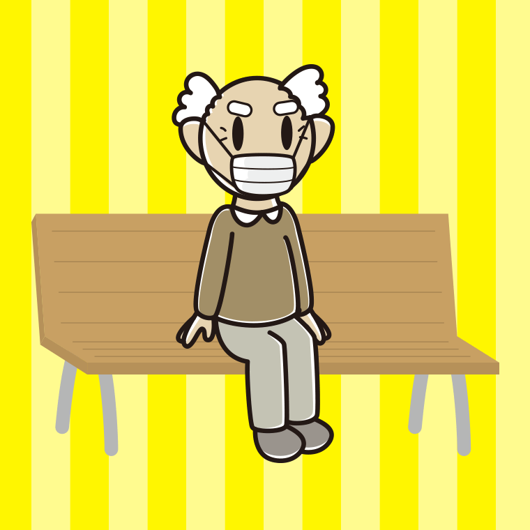 ベンチでマスクをするおじいさんのイラスト【色、背景あり】PNG