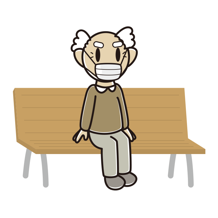 ベンチでマスクをするおじいさんのイラスト【色あり、背景なし】透過PNG