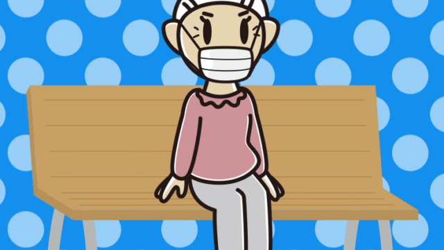ベンチでマスクをするおばあさんのイラスト【色、背景あり】PNG