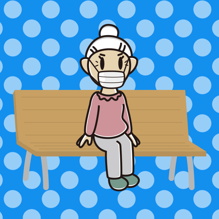 ベンチでマスクをするおばあさんのイラスト【色、背景あり】PNG