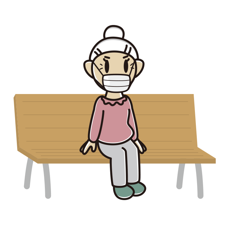 ベンチでマスクをするおばあさんのイラスト【色あり、背景なし】透過PNG
