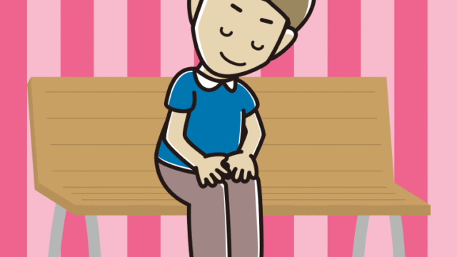 ベンチでお辞儀する男性のイラスト【色、背景あり】PNG