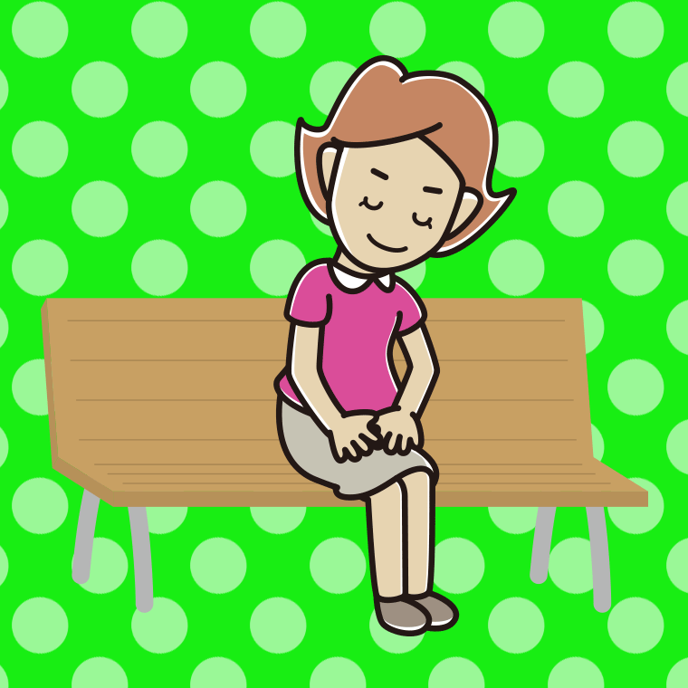ベンチでお辞儀する女性のイラスト【色、背景あり】PNG