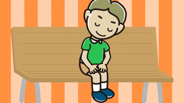 ベンチでお辞儀する小学生男子のイラスト【色、背景あり】PNG