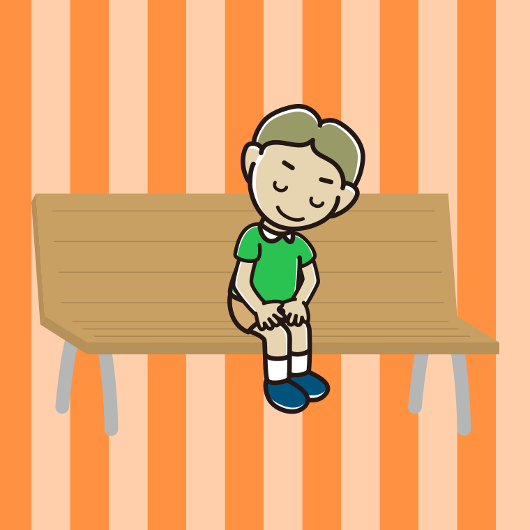 ベンチでお辞儀する小学生男子のイラスト【色、背景あり】PNG