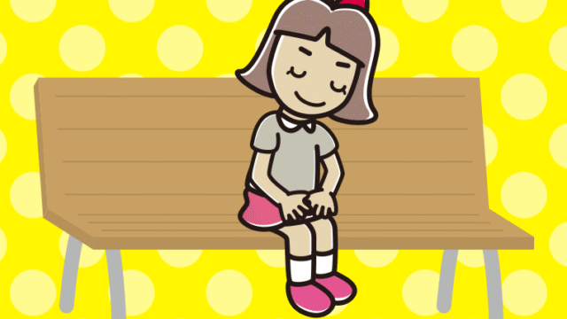 ベンチでお辞儀する小学生女子のイラスト【色、背景あり】PNG