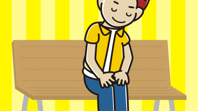 ベンチでお辞儀する男子大学生のイラスト【色、背景あり】PNG