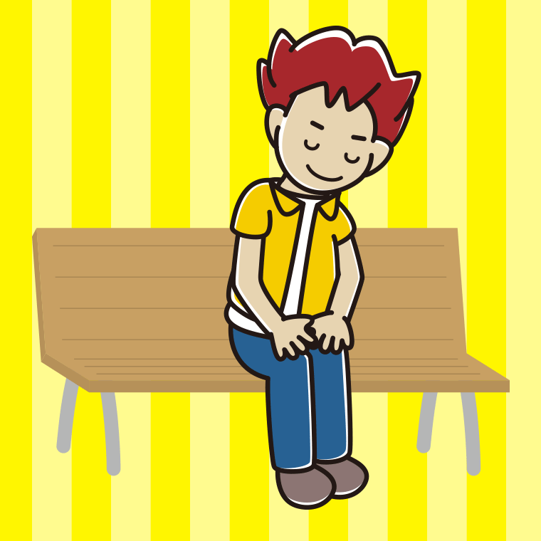 ベンチでお辞儀する男子大学生のイラスト【色、背景あり】PNG