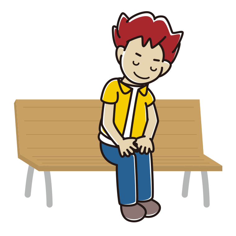 ベンチでお辞儀する男子大学生のイラスト【色あり、背景なし】透過PNG