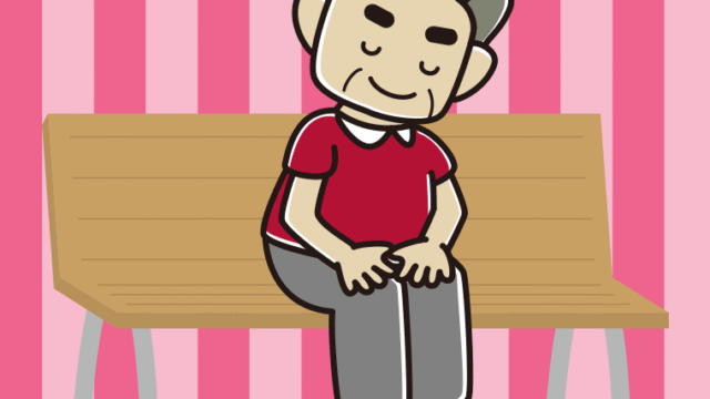 ベンチでお辞儀するおじさんのイラスト【色、背景あり】PNG