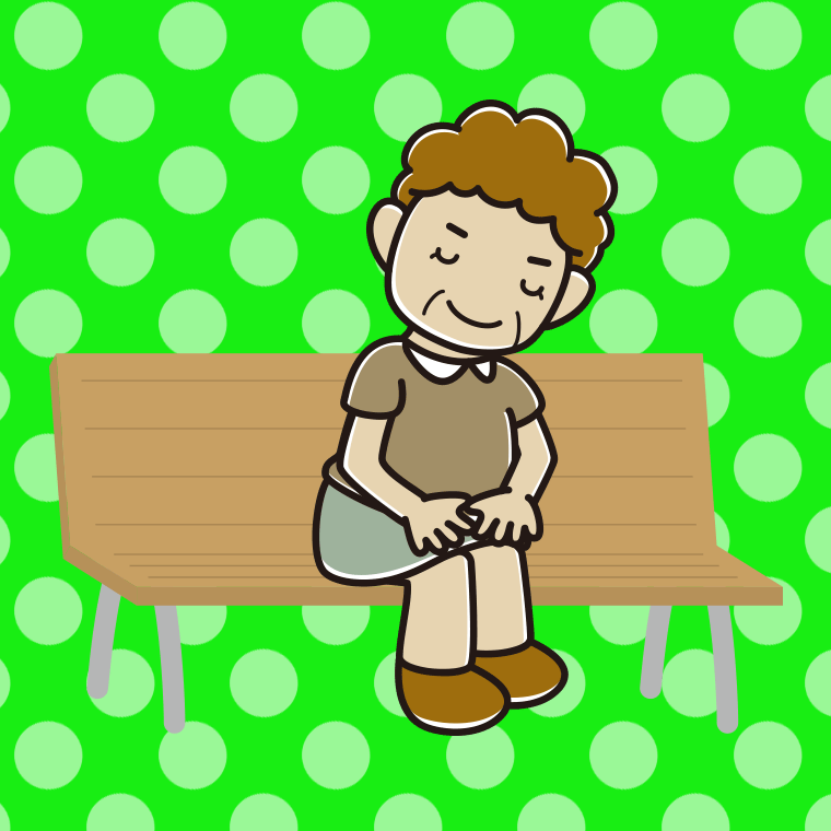 ベンチでお辞儀するおばさんのイラスト【色、背景あり】PNG